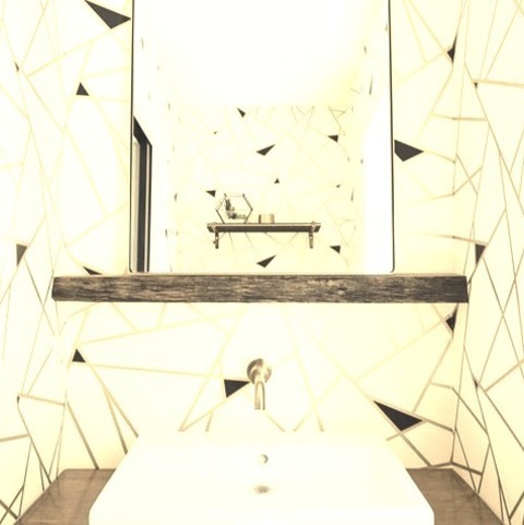 Transitional Powder Room - Powder Room Example Of A Small Transitional Brown Floor And Wallpaper Powder