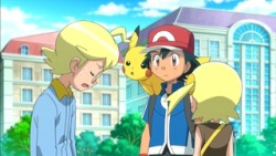 grabbergirl:  Poor Clemont worrying about Bonnie after she’s been shocked by Pikachu. And Bonnie is like “Clemont, I am not a baby!”. So Clemont is playing “mama duck”. 