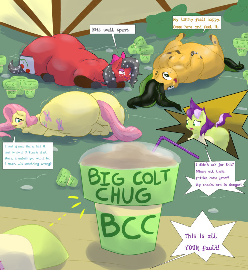 thecherrysodaaskblog:  saggislapsdojo:  Back in the food district of Ponyville, something horrible has come to surface. Zippy “This is horrible! I’ve created monsters! Bloated, soft, jiggling monsters!” SO Zippy and Chocolate Belle managed to make