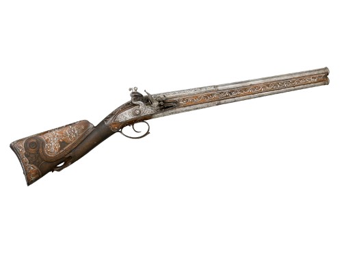 Rare Ottoman over and under flintlock carbine with carved stock, engraving, and silver inlays.  Circ