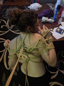 theropediary:  Things that I can do while tied up by NerdcoreBecca in a tengu designed by Tifereth: Drink water and play Flower9/12/16Rope/photo: NerdcoreBeccaModel: AnyaDemure (me)