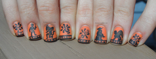 rjdaae: Ancient Greek black figure pottery-inspired nails, featuring Theseus facing the Minotaur on 