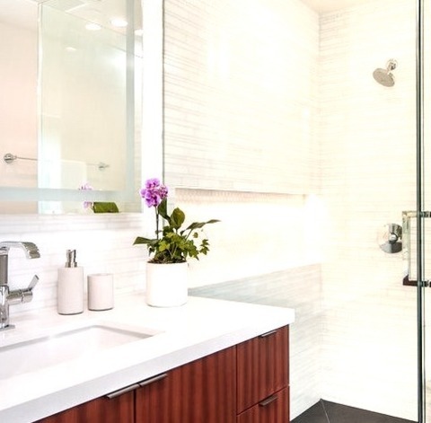 Contemporary Bathroom - 3/4 BathSmall Contemporary Corner Shower Idea With 3/4-inch White Tile And Stone