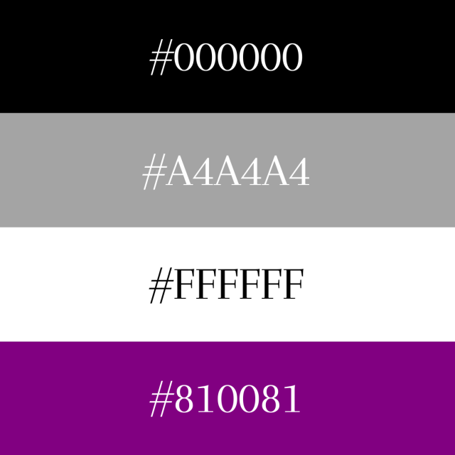 the black grey white and purple asexual flag with the specific hex color codes over each stripe.