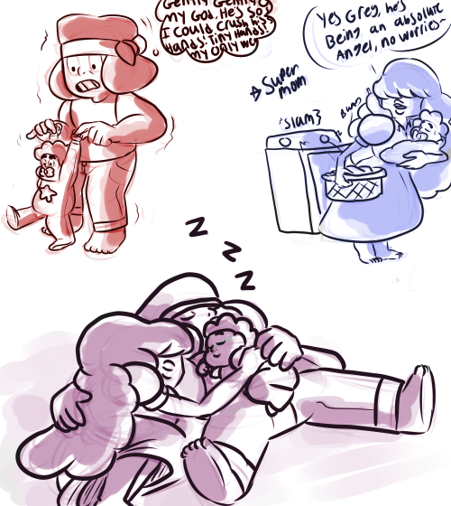 jen-iii:  Tiny moms au where Steven actually met Ruby and Sapphire before Jailbreak but dosen’t remember because he was just a tiny babbu with tiny moms taking care of him when Greg can’t  mommies <3
