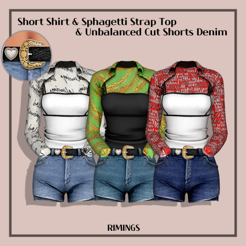  [RIMINGS] Short Shirt & Sphagetti Strap Top & Unbalanced Cut Shorts Denim - TOP / BOTTOM- N