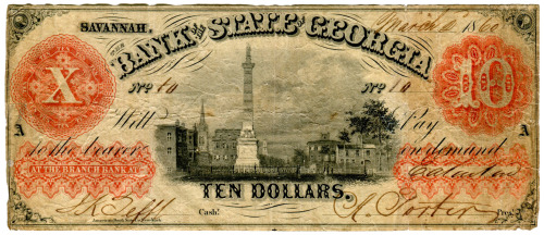 This is a $10 bank note issued by the Bank of the State of Georgia dated March 2, 1860 out of Savann