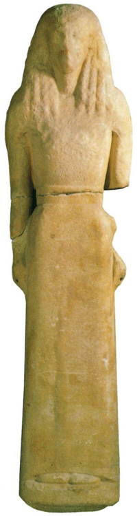 Life-size standing statue of a woman dedicated by one Nikandre to Artemis on Delos, third quarte