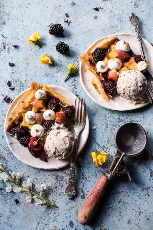 sweetoothgirl:  Honey Butter Stone Fruit and Blackberry Meringue Tart 