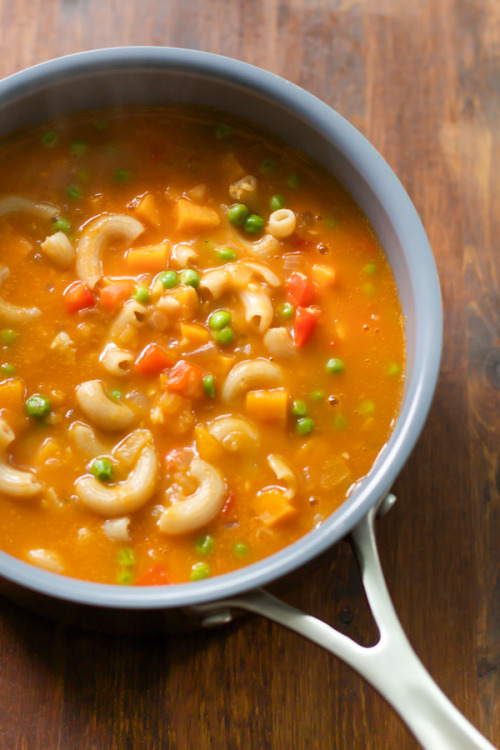 Pasta soup with sweet potato and peas