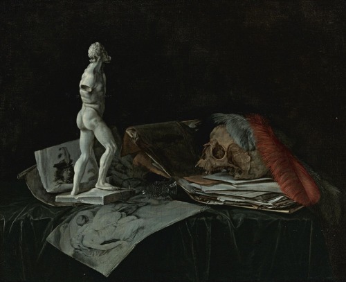 oldpaintings:Vanitas still life with a skull, feathers, an overturned Roemer, a sculpture and a port