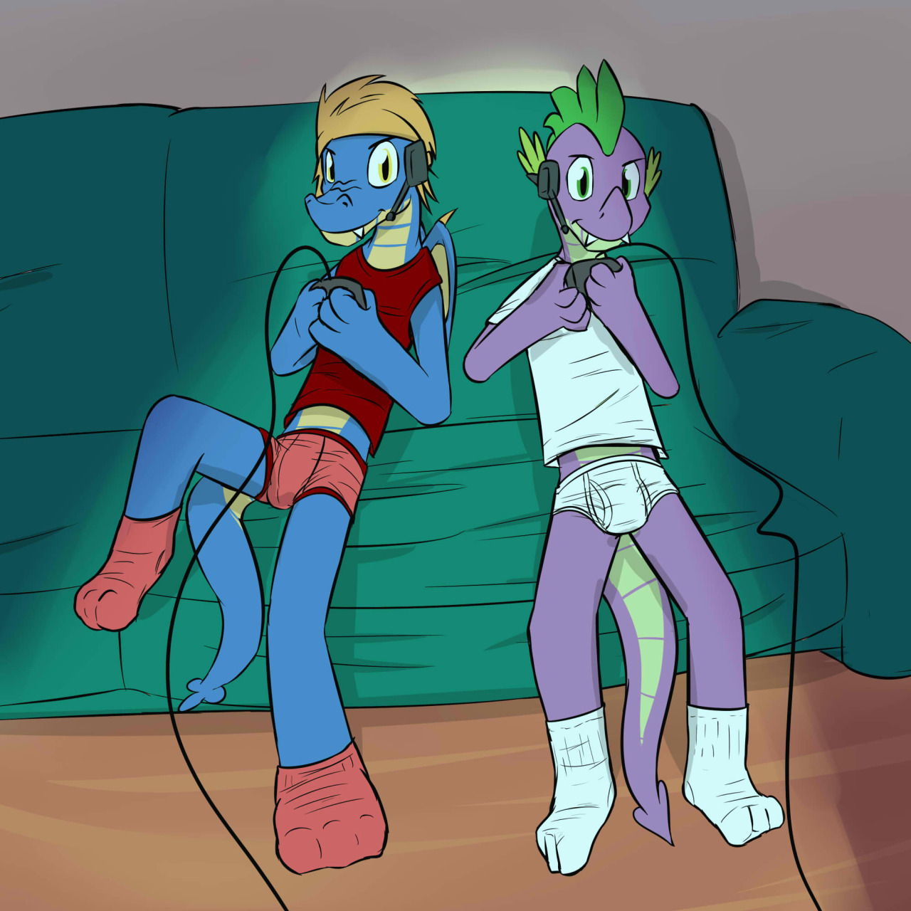 Spike and Sharp playin&rsquo; some co-op online games in their undies.  There