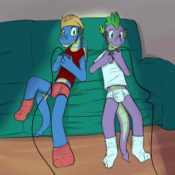 Spike and Sharp playin&rsquo; some co-op online games in their undies.  There was a bit of a request for Spike only&hellip;but I wanted to put Sharp in there as well just cause, artist&rsquo;s privilege. 