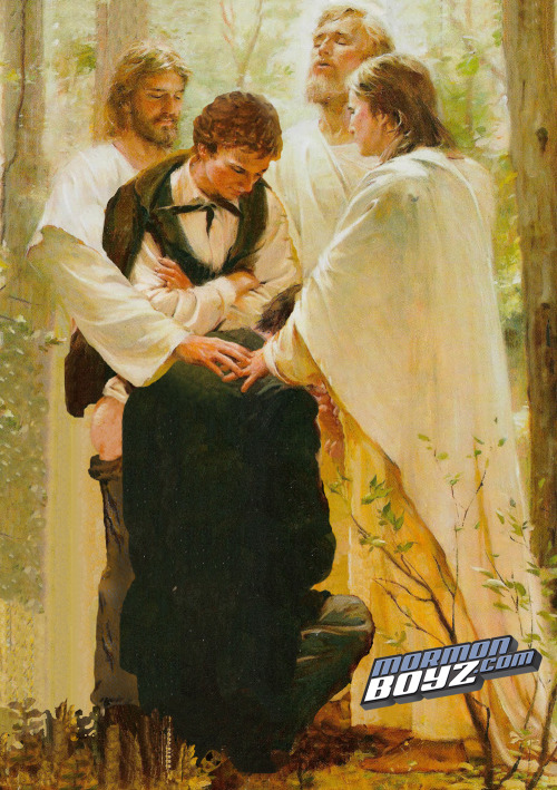 Peter, James and John ordaining Joseph Smith and Oliver Cowdery to the Melchizedek Priesthood throug