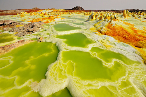 sixpenceee:  Dallol is a volcanic crater located in the  Danokil Desert in Ethiopia. Surrounding the volcano are acidic hot springs, mountains of sulphur, pillars of salt, small gas geysers and pools of acid isolated by salt ridges. It makes for one
