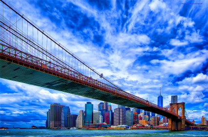  Beautiful skies today over the Brooklyn Bridge &amp; Lower Manhattan.   				Inga&rsquo;s
