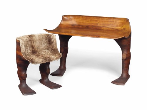 David Warner, Anthropomorphic Desk &amp; Chair, Walnut, The chair upholstered in sheep-skin