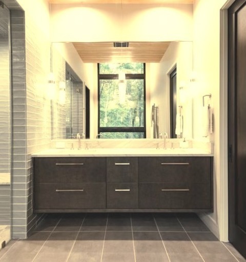 Scandinavian Bathroom - BathroomBathroom - Scandinavian Master Double-sink Bathroom Idea With Flat-panel
