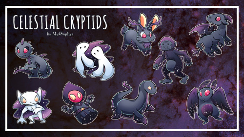 Introducing my first (non-vocalsynth) merch set, Celestial Cryptids!This set features 9 different de