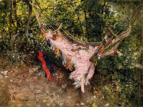 artist-boldini:The Hammock, 1874, Giovanni BoldiniMedium: oil,panelhttps://www.wikiart.org/en/giovan