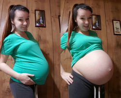 pregnantgirlslikeus:It’s crazy what a few weeks can do to a body. On the left you have me, pleasantly pregnant, cute, adorable, and huggable as heck. On the right, I’m literally bursting out of my shirt. Good gosh, I’m afraid what I’m going to