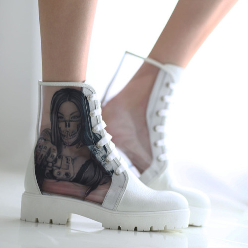 Leather transparent boots and leather backpack Available on our website in both white and black