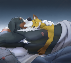 the-bogosphere:  What could be better than cuddling with your husband before bed? Well, how about giving him the full service package! (A three-parter picture for maskofseasons and his big fluffy husband!)   Woof!