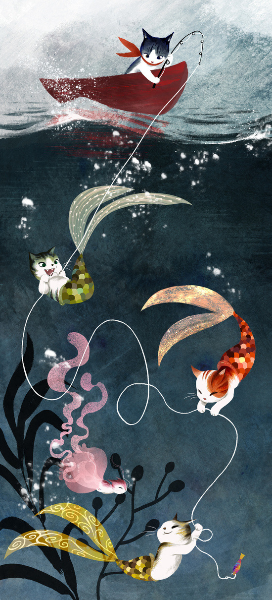 bestof-society6:    “Catfish” - cute fantasy cat mermaids illustration by Vivien