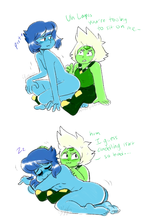 cartoonyafterdark:  whoops this blog needs more art so have some Lapidot cuddles - Lapis is a very affectionate sort that likes to lie down in her partners’ laps no matter their size 