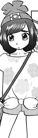 Id: A panel of Moon from the Pokemon Adventures Sun and Moon manga. She looks tired, with her head slightly tilted and a slight frown on her face. /end id