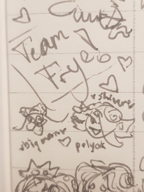 some text reads "team frye!" underneath is some simple doodles of big man and shiver. under them it says "polycut"