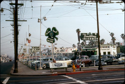 memoriastoica:  Top to bottom: 1) The Smiling Irishman; 2400 Block at West Pico Blvd, circa 1952. 2) Vine Street, Hollywood, circa 1953. 3) Vine Manor Hotel, Hollywood, circa 1953. 4) The Brown Derby, 3377 Wilshire Blvd, circa 1953. 5) Fisherman’s Wharf,