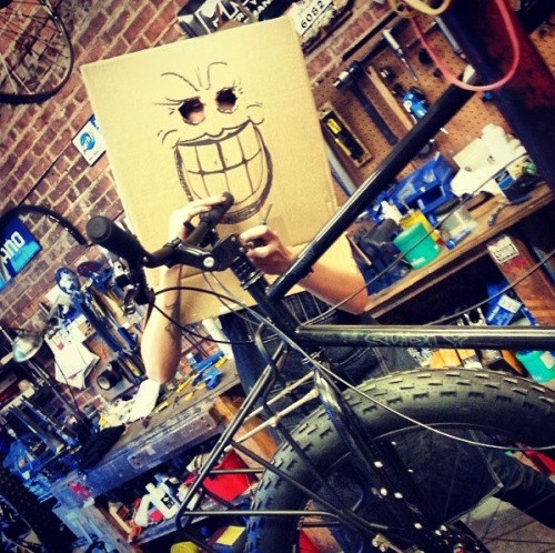 unimaginary: late night bike shop fun: ANON boxy lady working on a pugs oooeeoooeeeoooo