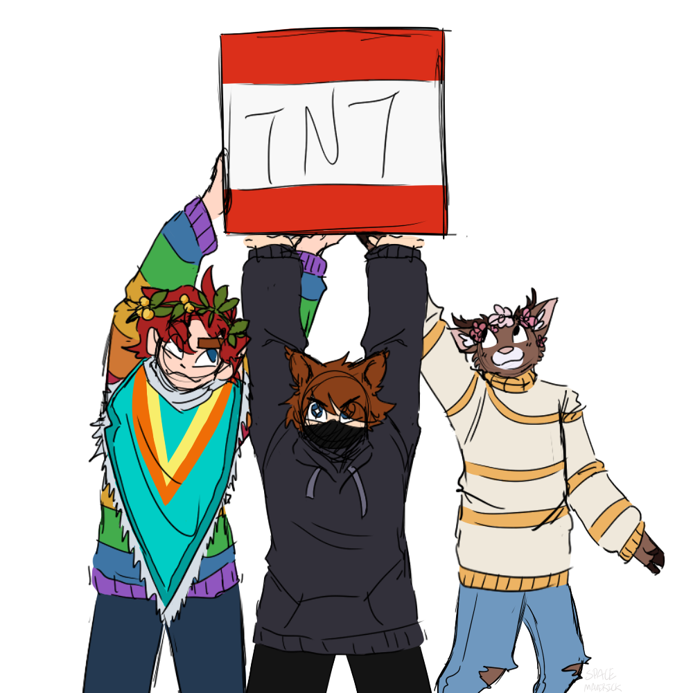 a messy digital drawing of three minecraft characters holding up a large TNT block. on the left is a human wearing a glowberry crown and a rainbow sweater under a cyan, orange, and yellow poncho, supporting the block with one hand under it and one hand on its side. in the middle is a humanoid with dog ears wearing a facemask and a dark gray hoodie holding the block up with both hands with a starry-eyed determined expression. on the right is a brown anthropomorphic deer with a white muzzle wearing a sweater cream and yellow and a pink flower crown holding the block up with one hoof.