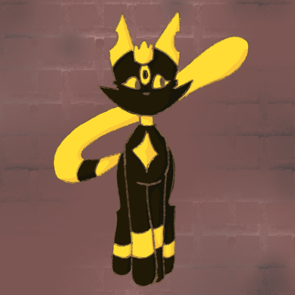 A drawing of a cat like creature, named Sonya, with yellow stripes and crown standing against a brick pattern background.