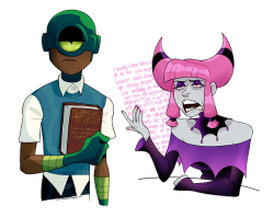 sugarandmemories:  some more titans stuff. reformed jinx (now in titans east) and seymour (now working as a librarian in steel city. just a civilian now). mas and menos having a heart-warming twin moment. and lastly an aged up cyborg redesign. [ follow