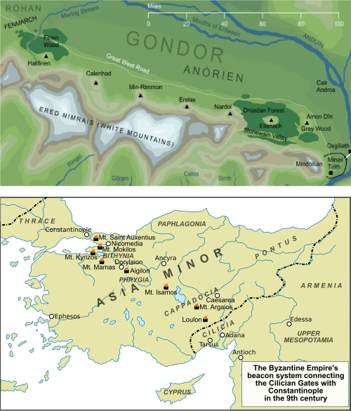mapsontheweb:J.R.R. Tolkien’s Warning Beacons of Gondor, was heavily influenced from the Byzantine B