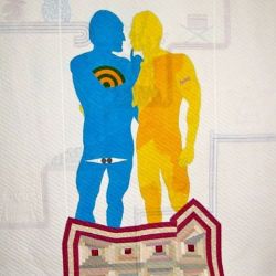 pressworksonpaperblog:  chas marlin, “castelli lovers/sackler nicknacks,” a portrait of lovers jasper johns and robert rauschenberg, 1994. two-sided quilt. cotton, hand appliquéd, hand pieced, and hand and machine quilted. 