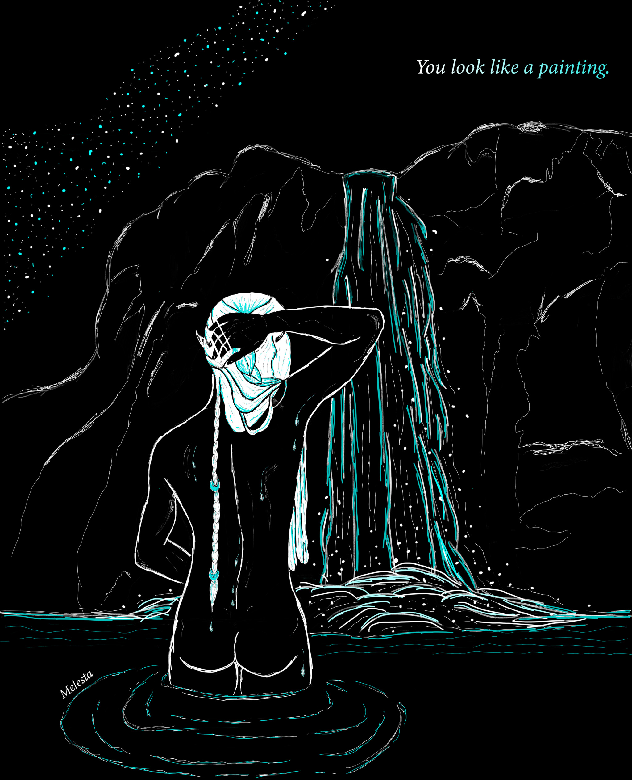 A naked elf swims at a waterfall under the night sky