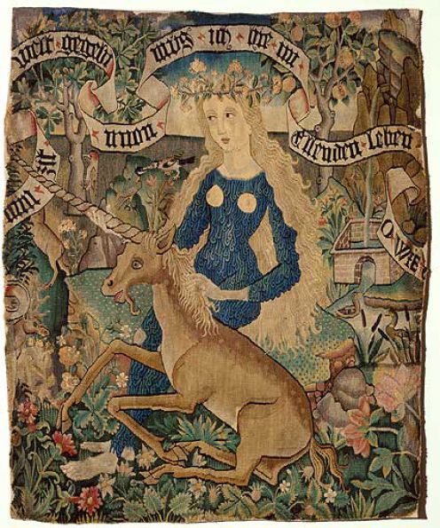 Anonymous Strasbourg factory, Wildweibchen mit Einhorn (Wild woman with unicorn), cushion panel c.15