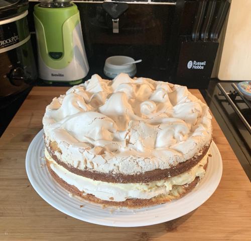 My husband and I baked a lemon meringue cake with lemon curd buttercream.