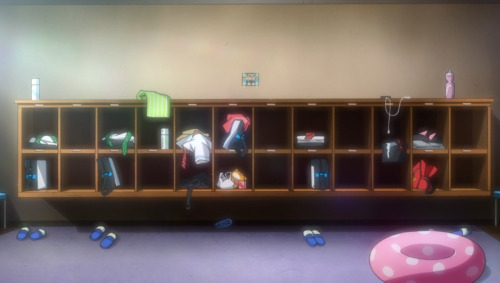 tenderonlytoone:  Can we talk about how amazing KyoAni is with the little details that speak volumes? See this? This is where the boys dump their gear before going off to swim. On the extreme left we have Haru, simple, unobtrusive and neat. Then we have