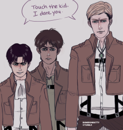 shingekinokitty:  Uhg. My tablet is dying and this is a shit doodle bUT. Let me explain you a thing. People who think that Erwin or Levi or both don’t care about Eren make me want to pull my hair out. I could go on for hours about what those two men