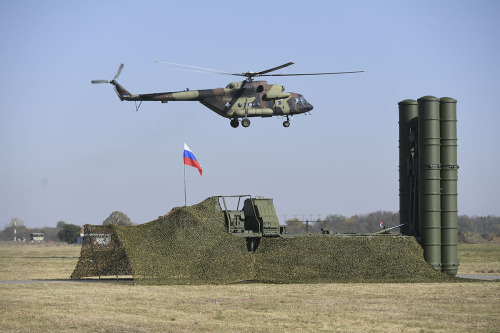 Mi-17 flying above S-400 Triumph during Russian-Serbian air defense exercise “Slavic shield – 2019” 