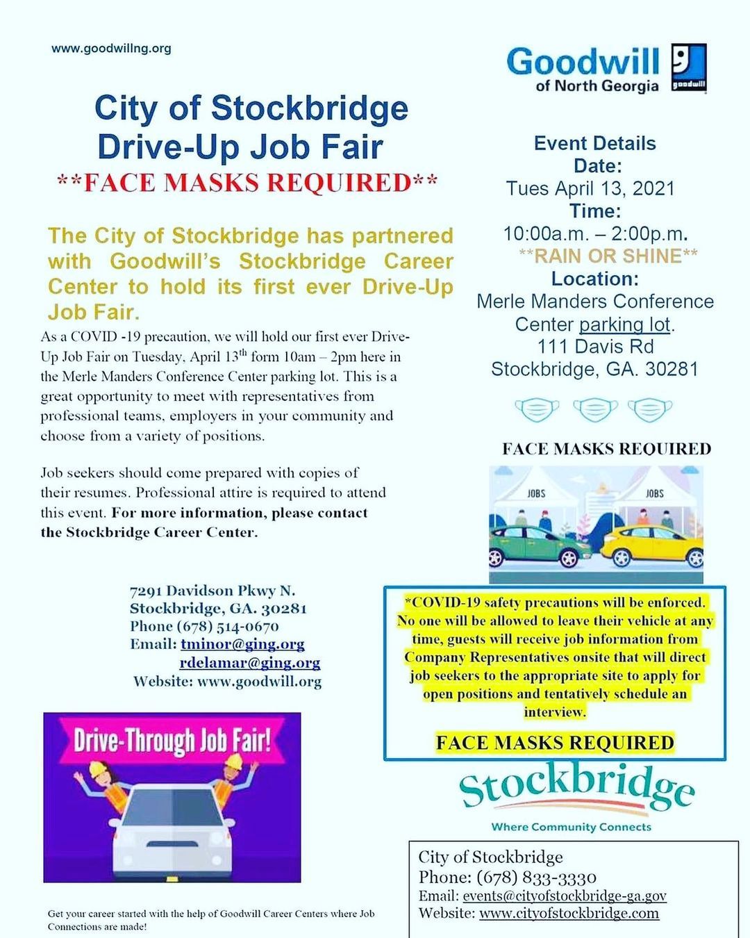 Jobs……Jobs……Jobs!
Bringing jobs to Stockbridge and Henry County started with 500 people showing up in 2016 to the first Goodwill/Stockbridge job fair and this year we introduce a Drive Thru Covid safety job fair! It was my top priority to increase...