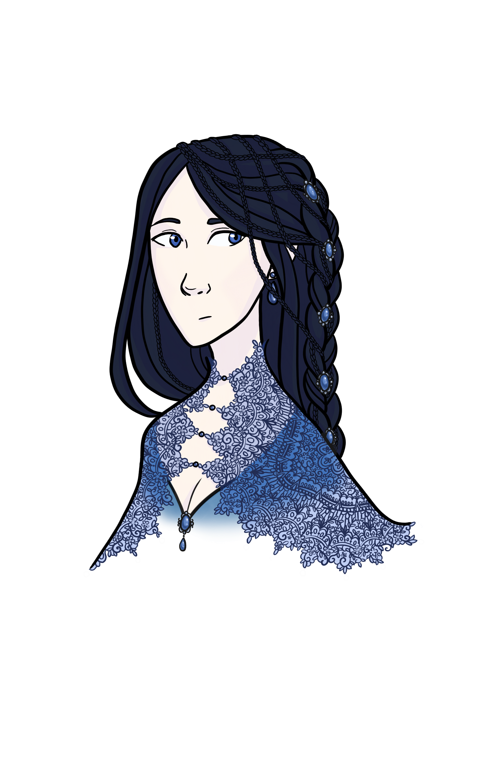 A bust portrait of Harper in three quarter view, looking at the viewer with a deadpan expression. Her straight dark hair is mostly loose, but a section has been braided in thin plaits which have been woven into a larger braid, studded with blue jewelled hair pins. She is wearing a high-necked lace shawl, with delicate bead buttons holding it together in the front.