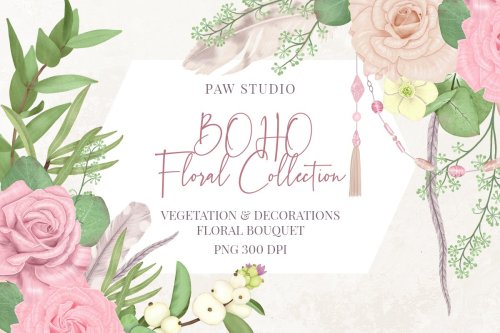 Boho Collection Floral Feather Flowers Leaves by PAW Studioexquisite boho collection is filled with 