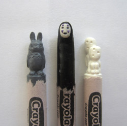 hqtran:  Studio Ghibli carved crayons. Totoro, No Face and Kodama. Check out my shop.   