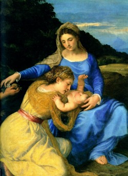 colourthysoul:  Titian [Tiziano Vecellio] - Madonna and Child with the Young St. John the Baptist and St. Catherine [detail] 