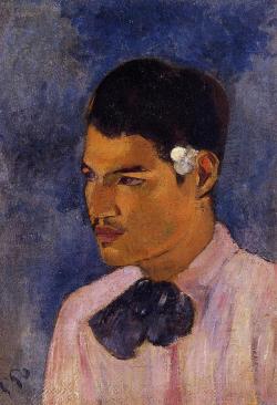 artist-gauguin:  Young Man with a Flower Behind his Ear, 1891, Paul GauguinSize: 45.7x33.3 cmMedium: oil on canvas